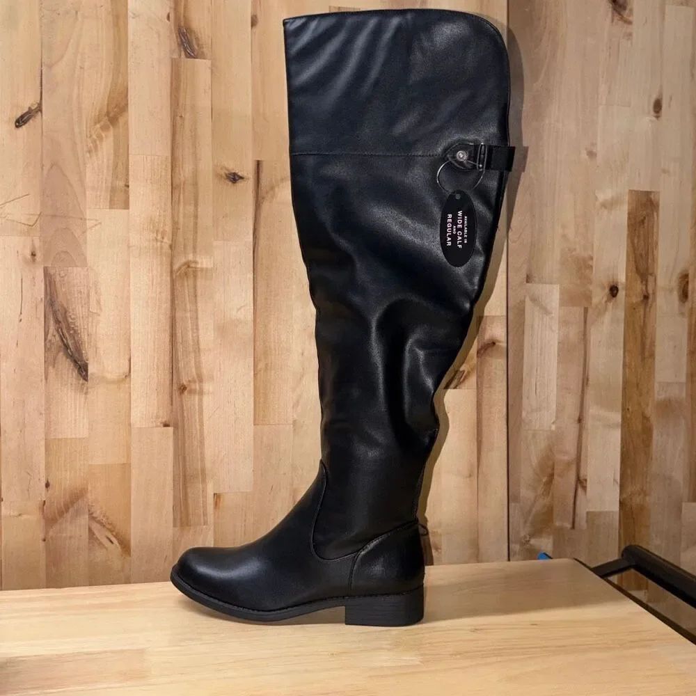SUN STONE Womens Black Gore Allicce Round Toe Block Heel Boots 6.5M Wide Calf